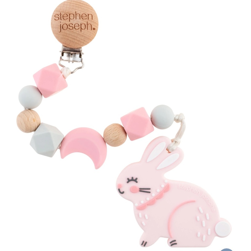 Stephen Joseph Pink Bunny Silicone Teether with Pacifier Clip